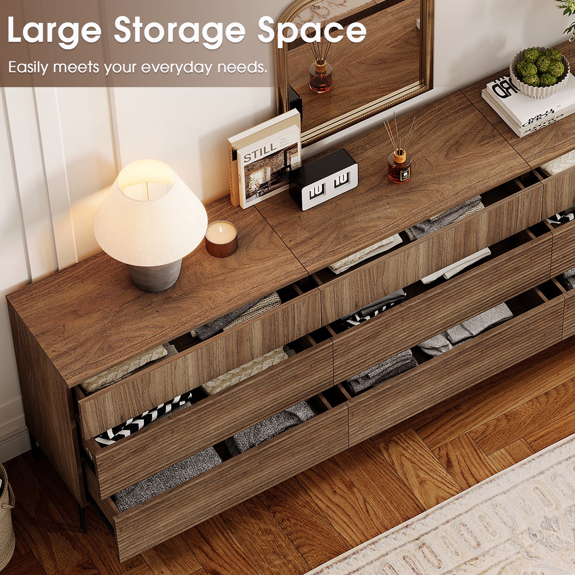 63" Wood Accent Chest Set with Drawers, Modern Credenza Storage Cabinet with Reeded Design for Living Room, Kitchen, Dining Room, Hallway