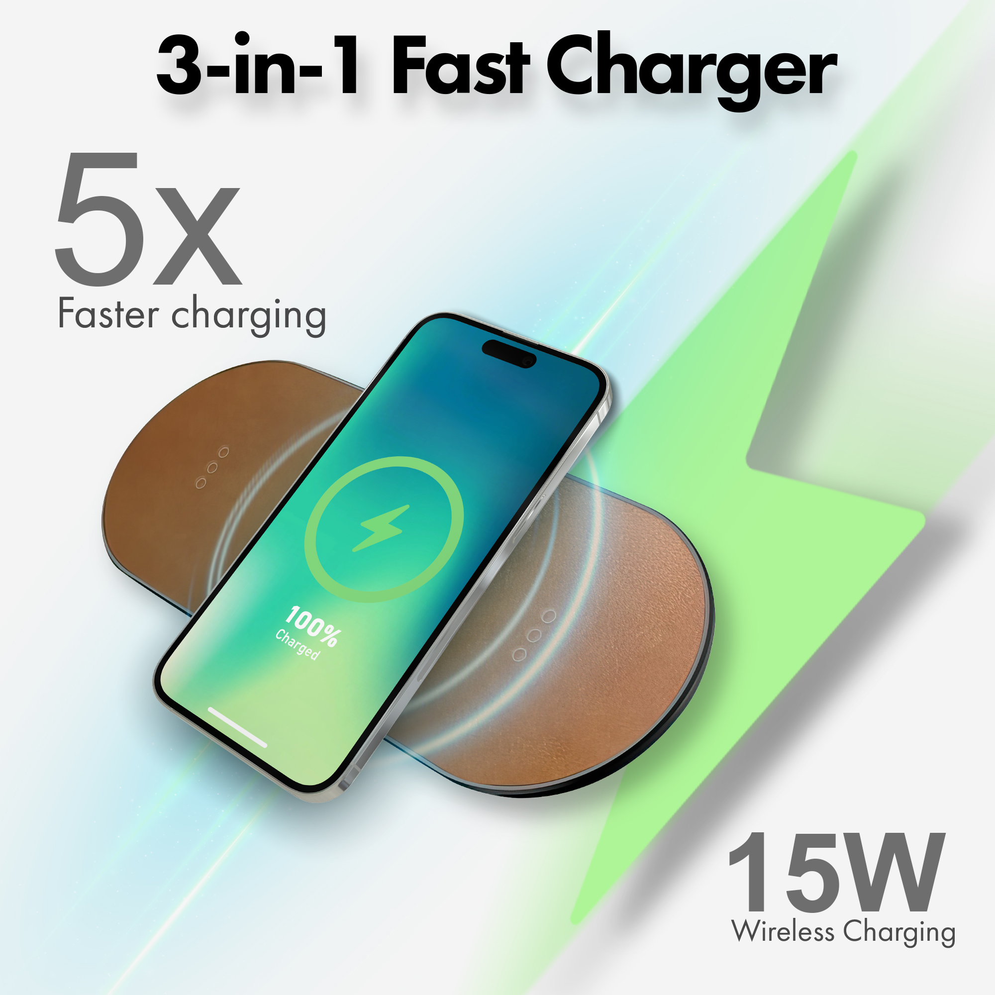 MVMT 15W Wireless Charging Pad Premium Vegan Leather 3-in-1 Fast Charger for Phone, AirPods & Apple Watch