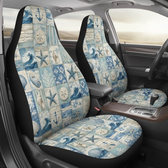 Emacom Ltd Nautical Car Seat Covers Set, Coastal Seashell Starfish Front Protector, Beach Lover Gift Car Seat Cover Set