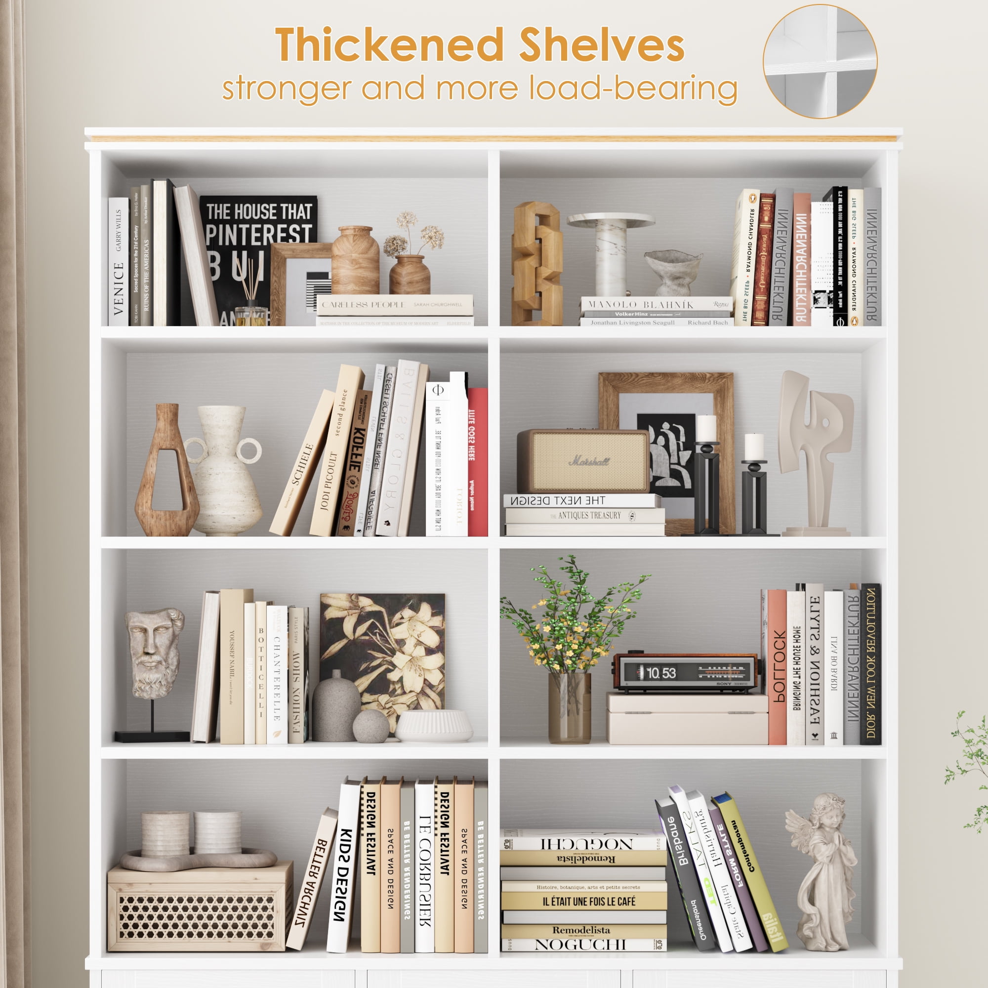 Homfa Tall Bookshelf with Drawers, Double Row 8 Cube 47'' Wide Bookcase for Living Room Office Small Space, White