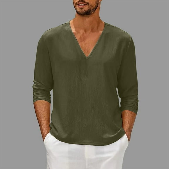 COSFO Green Mens Shirts Long Sleeve Casual V-Neck Pullover Solid Oversized Tshirts for Men