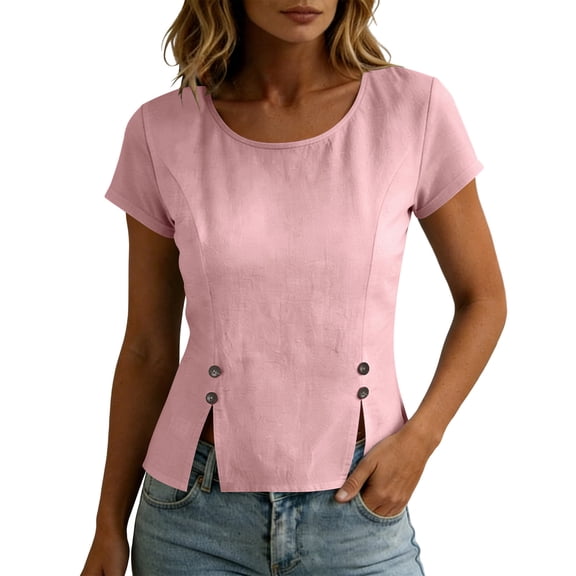 GUACER Cotton Linen Short Sleeve Tops for Women Crew Neck Button Detail Side Slit Blouses for Casual Summer