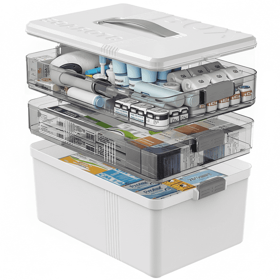 Lumikrypt 3-Tier Large Medicine Organizer, Empty First Aid Kit Box with Secure Latch & Handle, Portable Emergency Medication Storage for Home & Travel