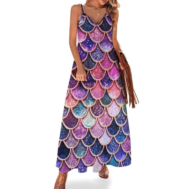 Vestido sin mangas con escamas de sirena con purpurina sintética y brillo rosa para mujer, vestido de noche para mujer, vestido morado