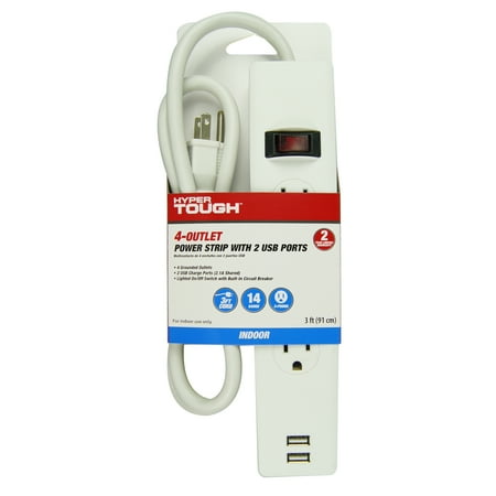 Hyper Tough 4 Outlet 3ft Strip With Usb White