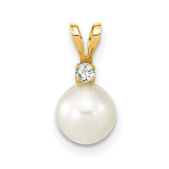 Auriga 14K Yellow Gold 6-7mm Round White Cultured Pearl Diamond Pendant for Women (W-6.5mm)