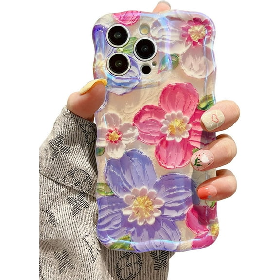 Case for iPhone 16 Plus, Colorful Retro Oil Painting Flower Laser Glossy Cute Curly Wave Edge Case Stylish Durable Soft TPU Protective Phone Cover for Girl Women - Purple Flower/Yellow