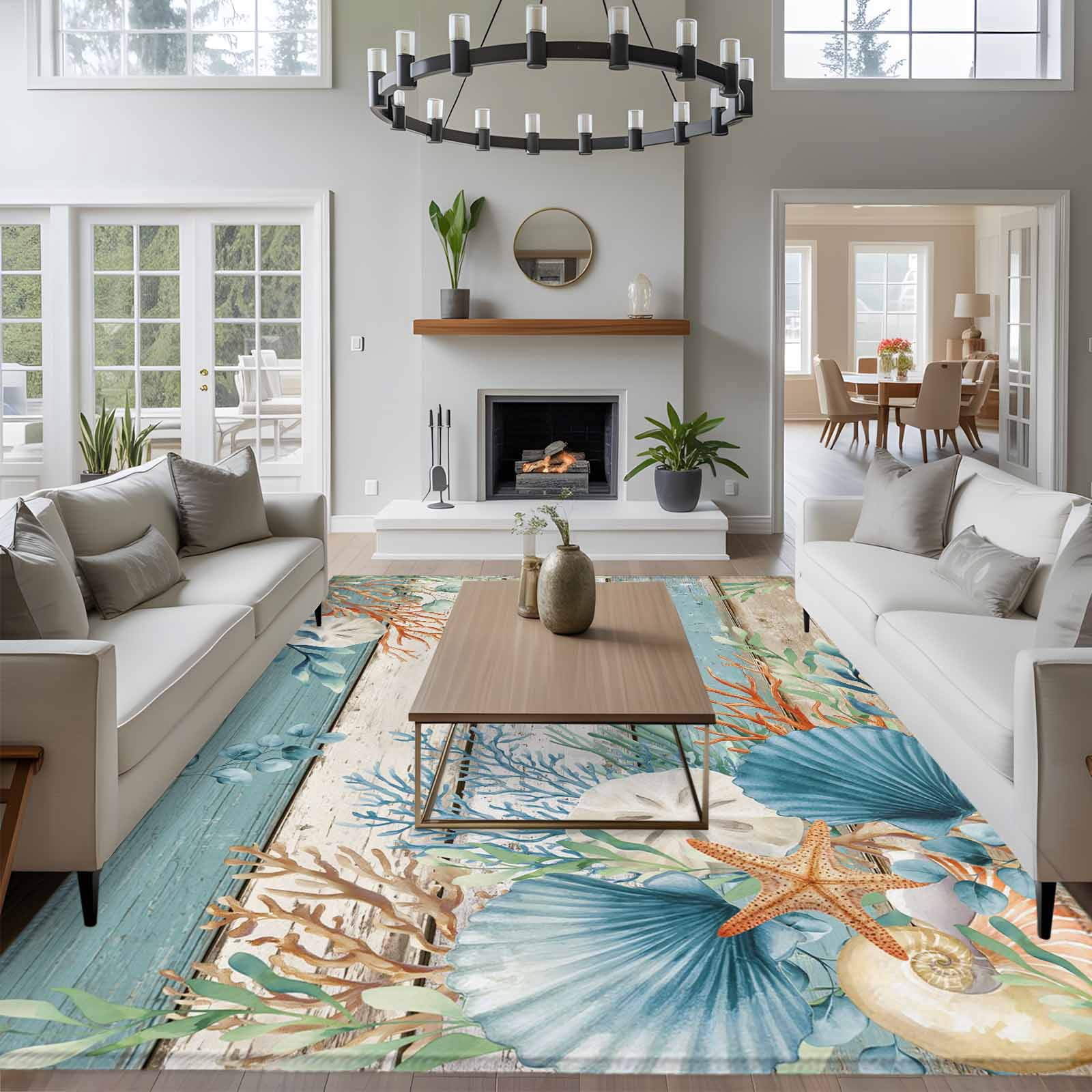 Large Area Rugs for Living Room Bedroom, Teal Brown Beach Coastal 8'x10' Rug Carpet Runner Indoor Outdoor, Summer Nautical Coral Shell Botanical Vintage Non Slip Floor Mats Rug for Kitchen, Patio