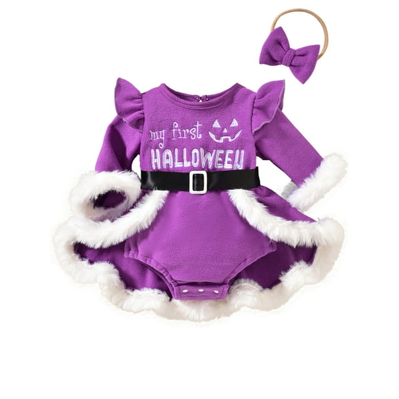 WIBACKER Newborn Infant Baby Girl My First Halloween Outfit Fuzzy Romper Dress with Headband, Purple 0-18 Months