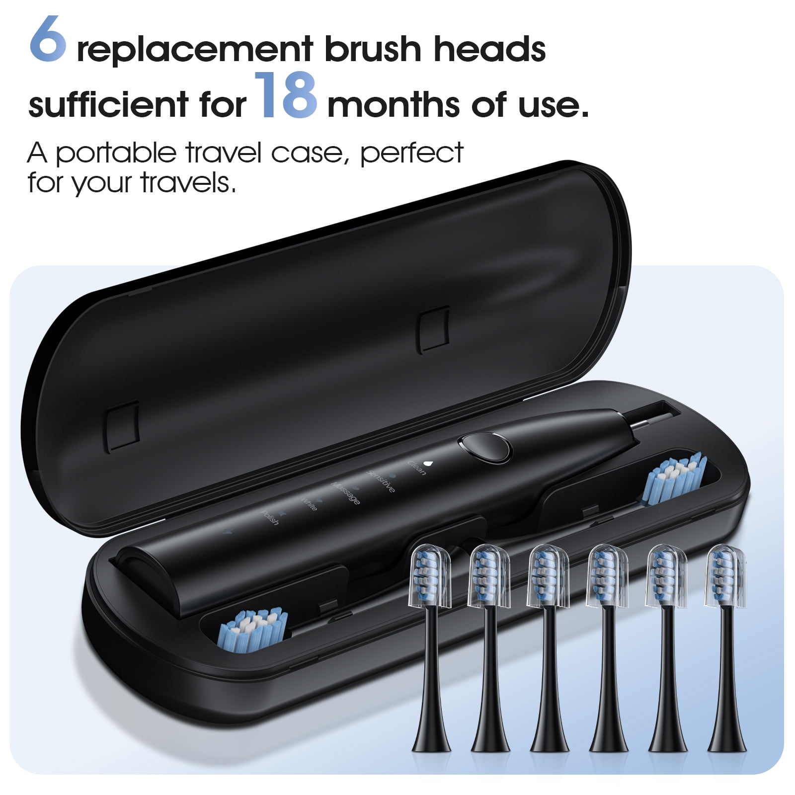 OasiSmile Sonic Electric Toothbrush Set for Adults with Travel Case, 6 Brush Heads, 100-Day Battery Life, 5 Modes 42000 VPM Rechargeable Power Toothbrush, Black