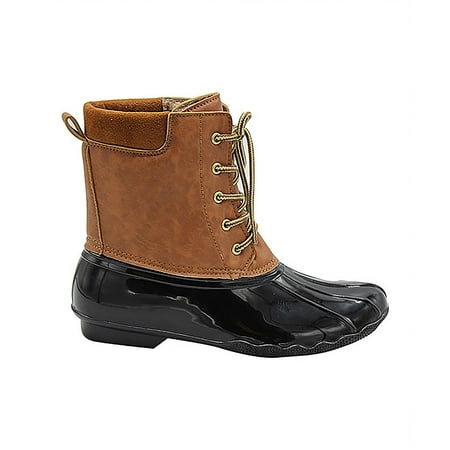 Leather Lace Up Combat Boots - Duck Women's Lace Up Two Tone Combat Style Calf Rain Duck Boots Black 10
