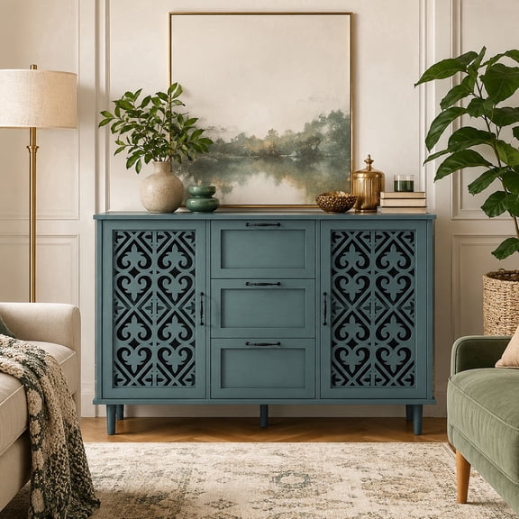 LFGUIZO 47″ Green Cabinet with Heart-Shaped Carved Doors Bohemia Sideboard with 3 Drawers 2 Doors and 2 Shelves Accent Storage Living room TV Stand