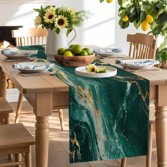 Modern Dark Green Liquid Line Table Runner-90 Inch Long Abstract Simple Gold Table Runners Linen Burlap Tablerunner for Kitchen Dining Room Holiday Party