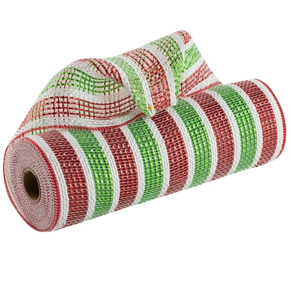 Festive Christmas Striped Deco Mesh - 10" x 10 Yards, Red, White & Lime Green, Christmas Tree Ribbon, Swag, Garland, Wreath, Gift Wrapping, Presents, Bows