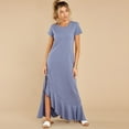 thumbnail image 1 of New Femmes Col Rond Manches Courtes Volants Décor Asymétrique Longue Robe Nouvelle Couleur Unie Décontractée Robe de Vacances Maxi Vestidos, 1 of 2