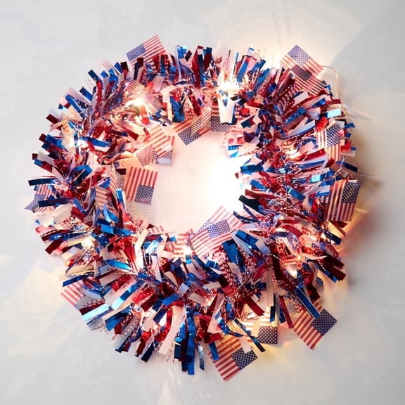 Taplcvy-Red White Blue Tinsel Wreath with Lights – Patriotic Holiday Decoration for Independence Day, Party & Home Decor