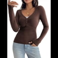 thumbnail image 1 of Camisa de Larga para Mujer, Cuello en V, Botones, Punto Acanalado, Corte Entallado, Informal, Básica, para y Otoño Marrón XL, 1 of 9
