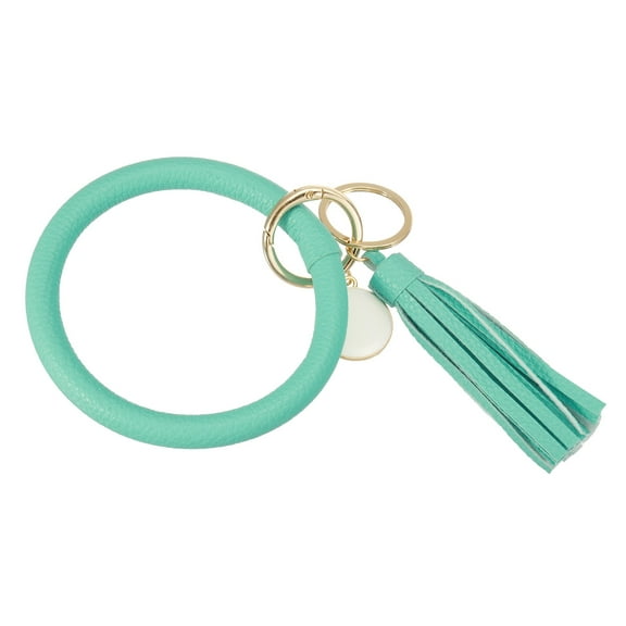 Uxcell PU Leather Circle Wristlet Keychain, Tassel with Pendant Round Bangle Keyring Bracelet Wristlet Holder Keychains for Women Car Key Accessories- 1 PCS (Mint Green)