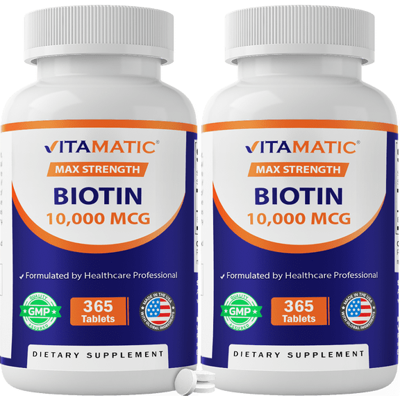 Vitamatic Biotin 10,000 mcg for Stronger Hair, Skin & Nails - 365 Vegan Tablets- Also Called Vitamin B7 - 2 Pack