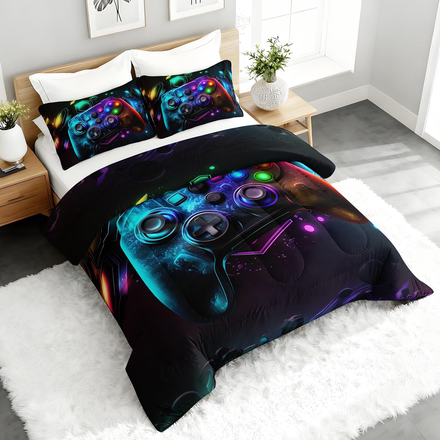 3pcs Gaming Controller Comforter Set, Neon Gamer Bedding Set for Bedroom or Guest Room Decor, All Seasons Quilt Machine Washable Duvet with 2 Pillowcases
