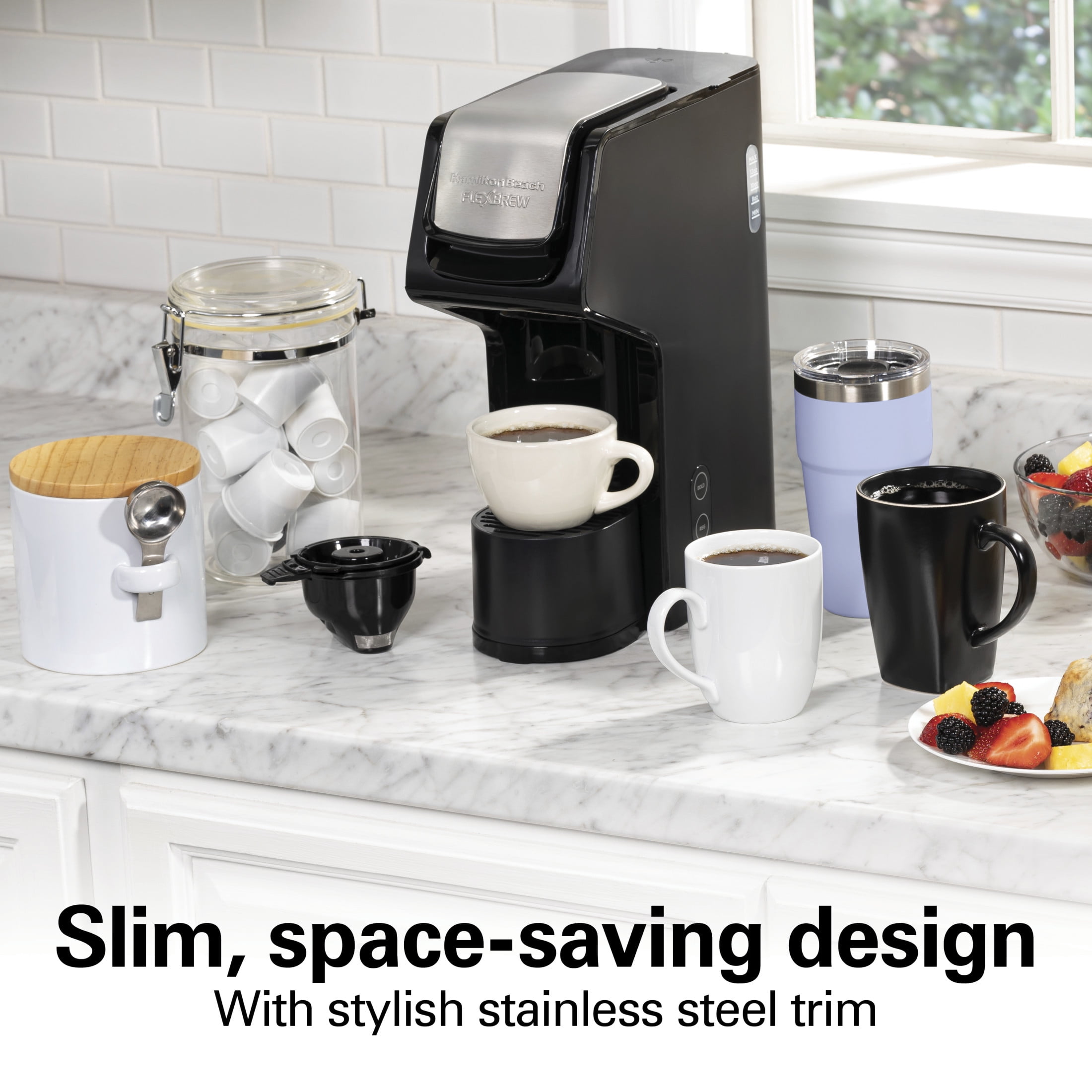 Hamilton Beach FlexBrew Sinlge Serve Coffee Maker, K Cup Pod Compatible & Grounds, 14 oz. Reservoir, Black & Stainless