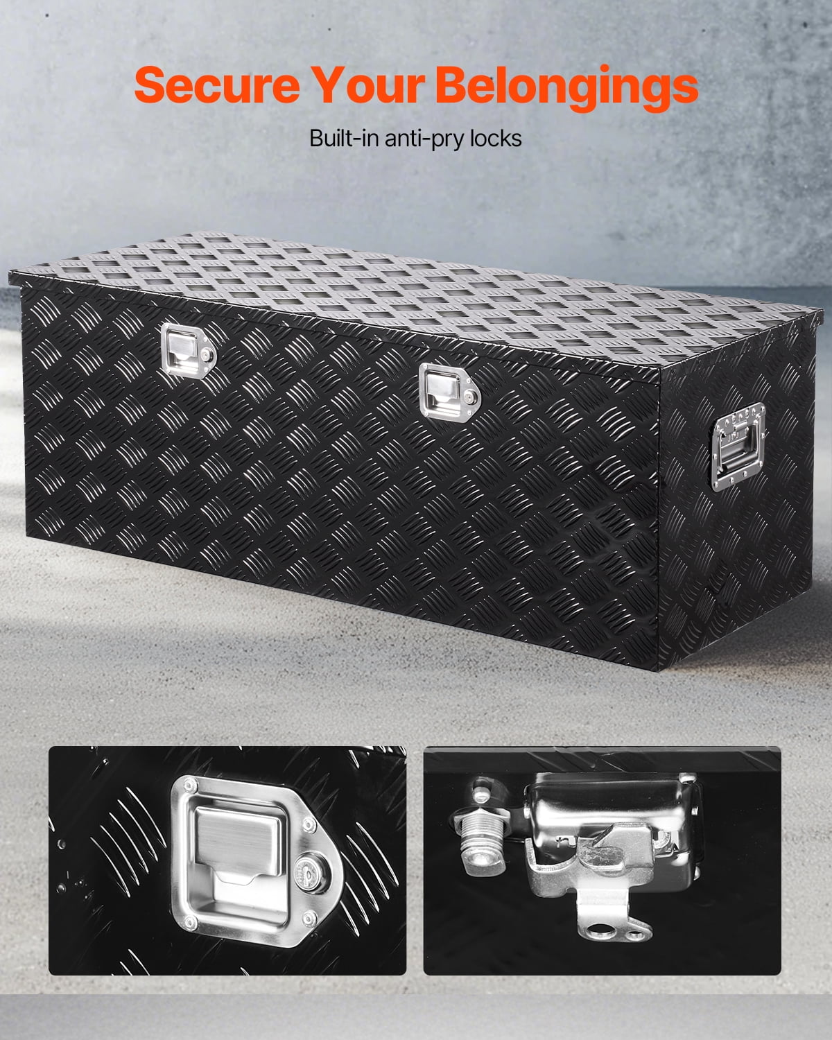 VEVOR Heavy Duty Aluminum Truck Bed Tool Box, Stripes Plated Tool Box with Side Handle and Locks Keys, Storage Toolbox Chest Organizer for Trailer, Pickup, Truck Bed, RV, 48"x19.5"x17.5", Black