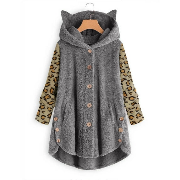 Verugu Winter Jackets for Women, Women's Oversized Winter Warm Coats, Women Button Plush Hooded Loose Cardigan Leopard Patchwork Coat Overcoats Outwear Coats Gray B M