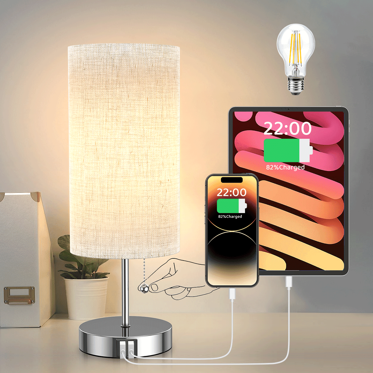 Table Lamp, Pull Chain Bedside Lamp with 2 USB Charging Ports, Fabric