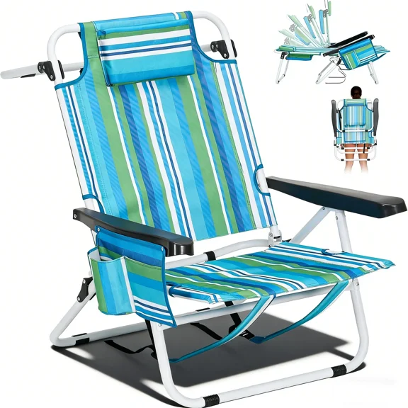 SLSY Beach Chairs for Adults Heavy Duty,Compact Portable Lay Flat Folding Chair with Backpack Straps and Large Cooler Pouch,Support to 400LBS