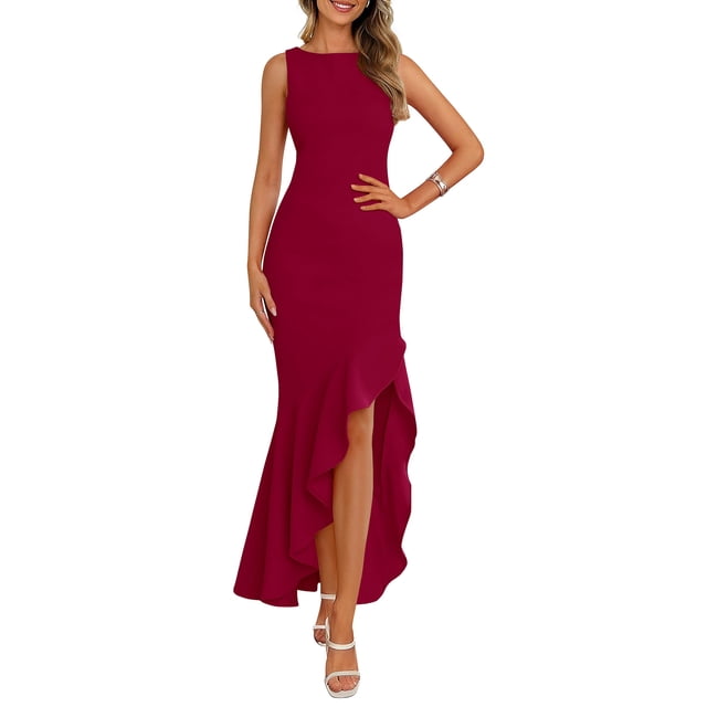 Vestido largo PRETTYGARDEN 2025 sin mangas con volantes, sirena, color rojo vino