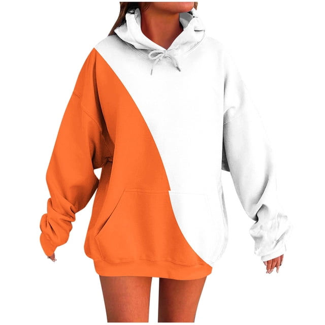 JGGSPWM Womens Color Block Drawstring Hooded Sweatshirt Fleece Hoodies Long Sleeve Shirts Pullover Fall Outfits with Pocket Orange XL