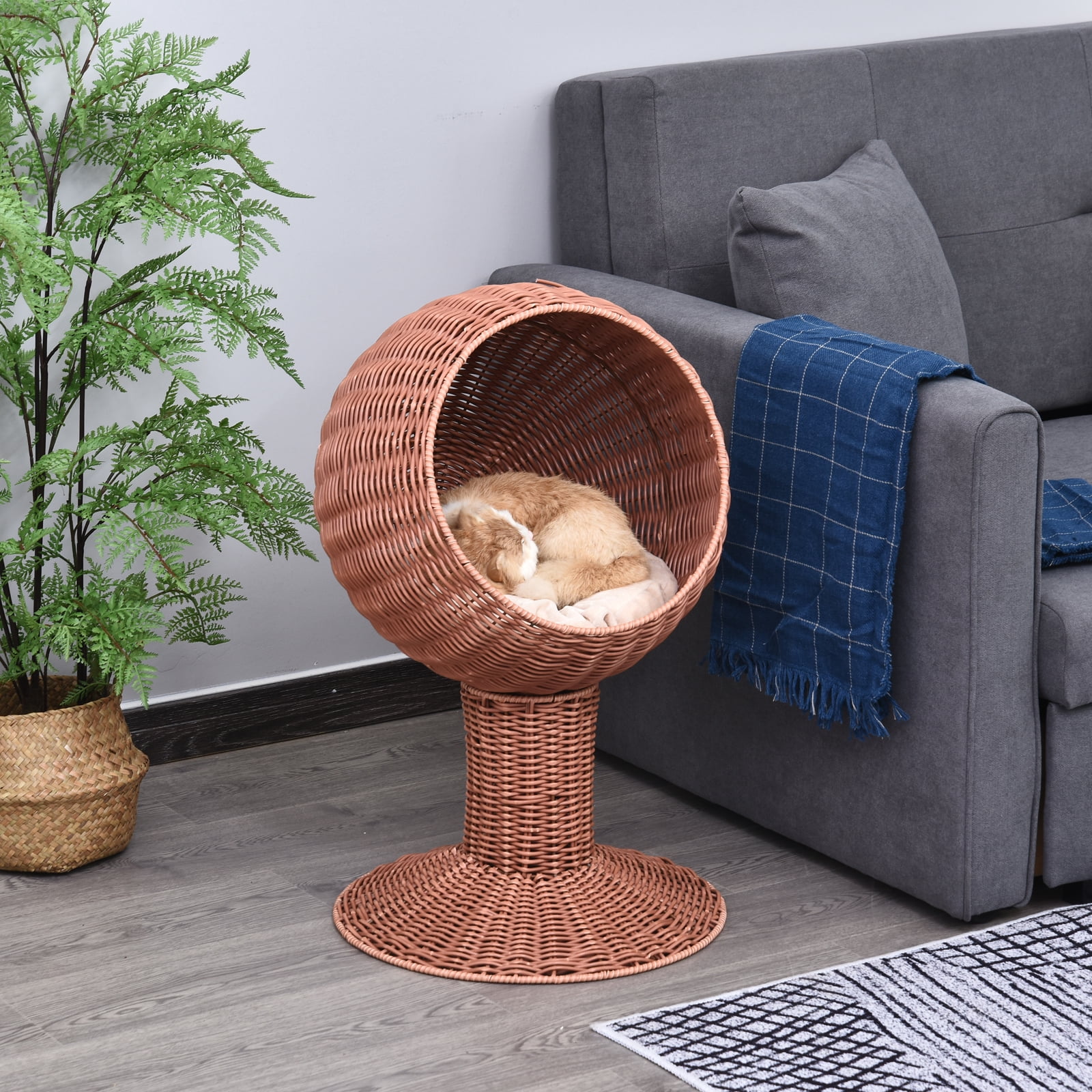 Elevated Cat Bed with Rotatable Egg Chair Pod, Cat Basket Bed with Thick Cushion, Natural Mat Grass Woven Kitty House, Brown