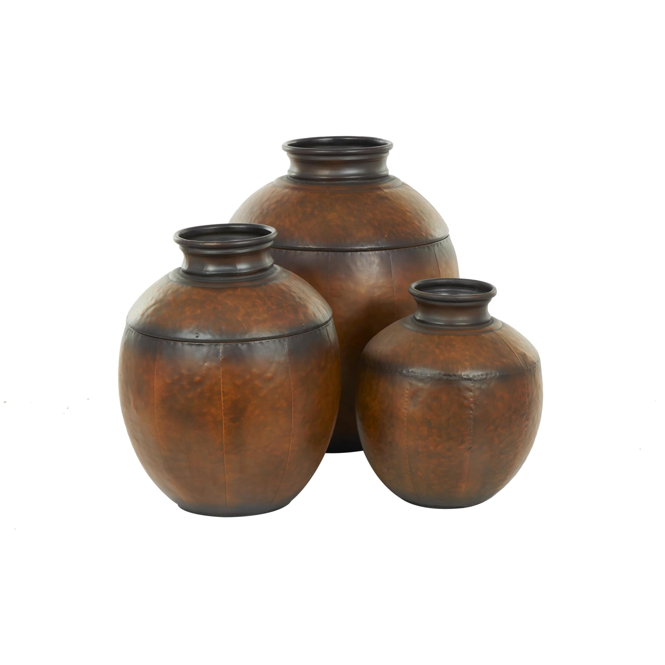 DecMode 26", 22", 17"H Antique Style Round Pot Floor Brown Metal Vase, Set of 3