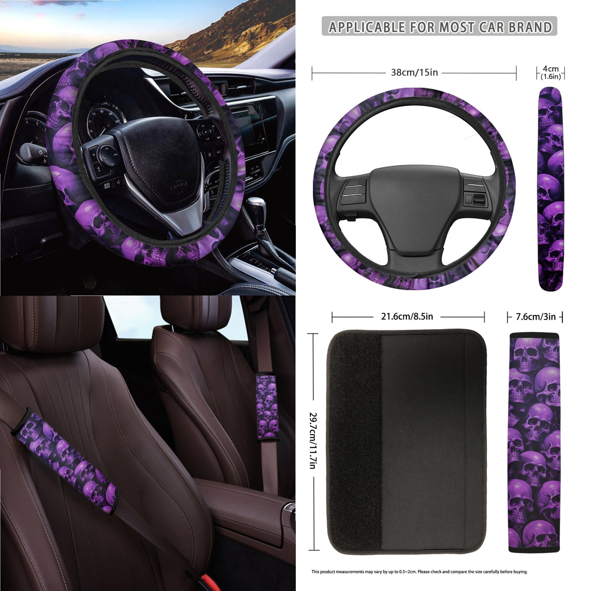 LedBack Skull Print Car Seat Covers Full Set 15Pcs Car Accessories Set Includes Front and Rear Split Bench Seat Cover Steering Wheel Cover Safety Belt Pads Rear View Mirror Protector