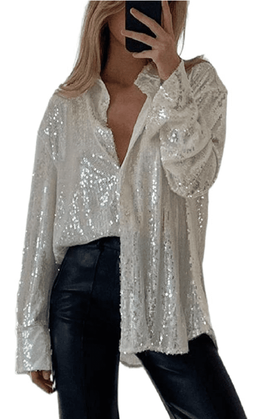 Women Long Sleeve Sequin Glitter Shirt 