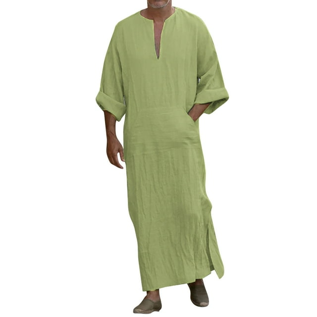 T-shirts pour Homme Col en V Lin Manches Longues Kaftan Thobe Longue Robe Décontractée Jaune Clair Automne Taille XXXXXL