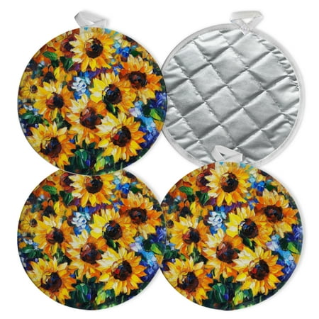 

4 PCS Pot Holders for Kitchen Potholders Sets with Hook for Oven Cooking Baking Oil - Painted Sunflowers On Weathered Planks