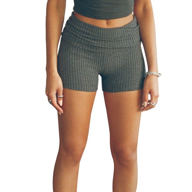 Gupgi Women Slim Ribbed Shorts Solid Color Fold Over Waist Short Pants Summer Yoga Shorts