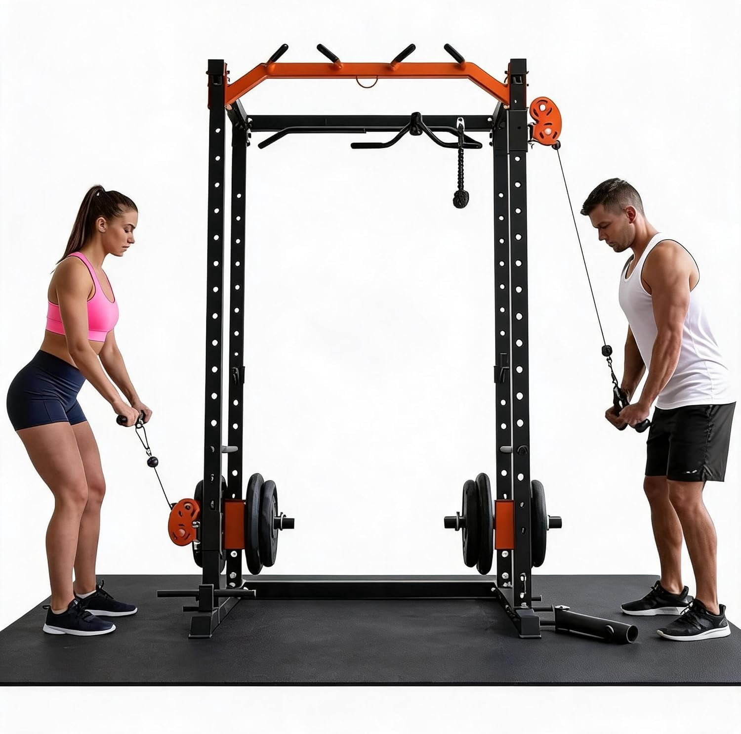 Memoryfield Power Cage with Cable Crossover System, 2000 lbs Capacity Power Rack with LAT Pulldown, Multi-Function Workout Cage with Pulley System for Strength Training, Orange