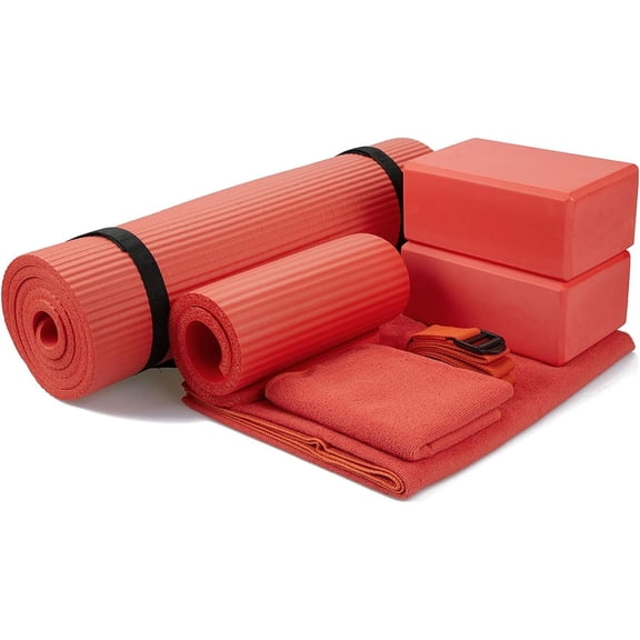 XYGOO 7-Piece Yoga Set with 71x24x0.5 Inches Extra Thick Mat and Carrying Sling Includes 2 Blocks, Stretch Strap, 2 Towels, and Knee Pad for Home, Studio, and Gym Workouts Red