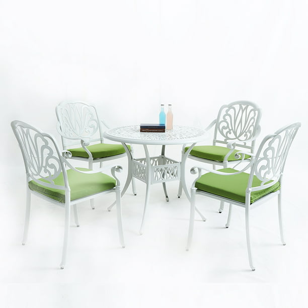 5 Piece Cast Aluminum Patio Dining Set, White Cast Aluminum Patio Dining Chairs