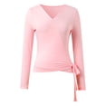 thumbnail image 2 of Ticikt Kids Girl's Tie Wrap Top Long Sleeve V Neck Crop Tops Shirt Slim Fit Dance Fairy Yoga Workout Blouse For,Pink, 2 of 6
