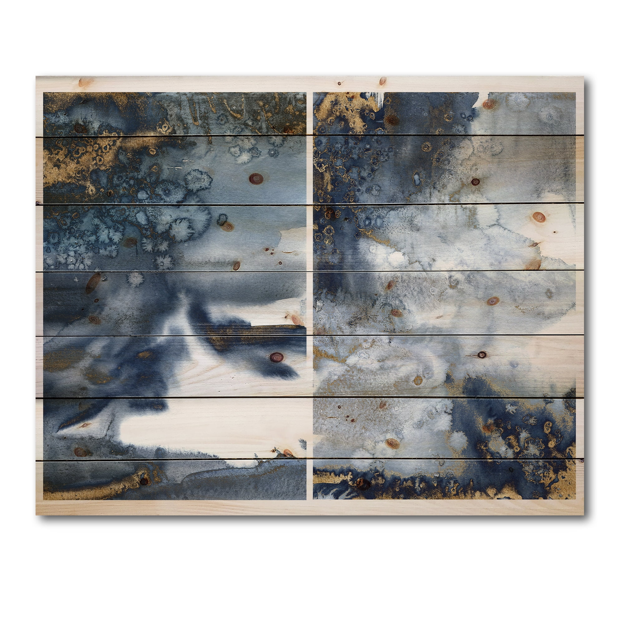 Designart 'Gold and Dark Blue Abstract Waves IV' Modern Print on Natural Pine Wood