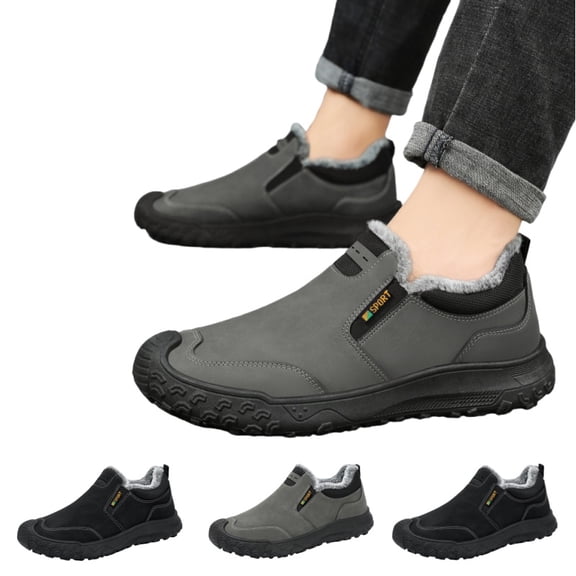 IEMIEMIEM Mens Snow Boots Winter Shoes Comfortable Cotton-Padded Plush Lined Slip on Casual Warm Walking Orthopedic Sneakers Waterproof House Shoes 10.5 Wide Gray