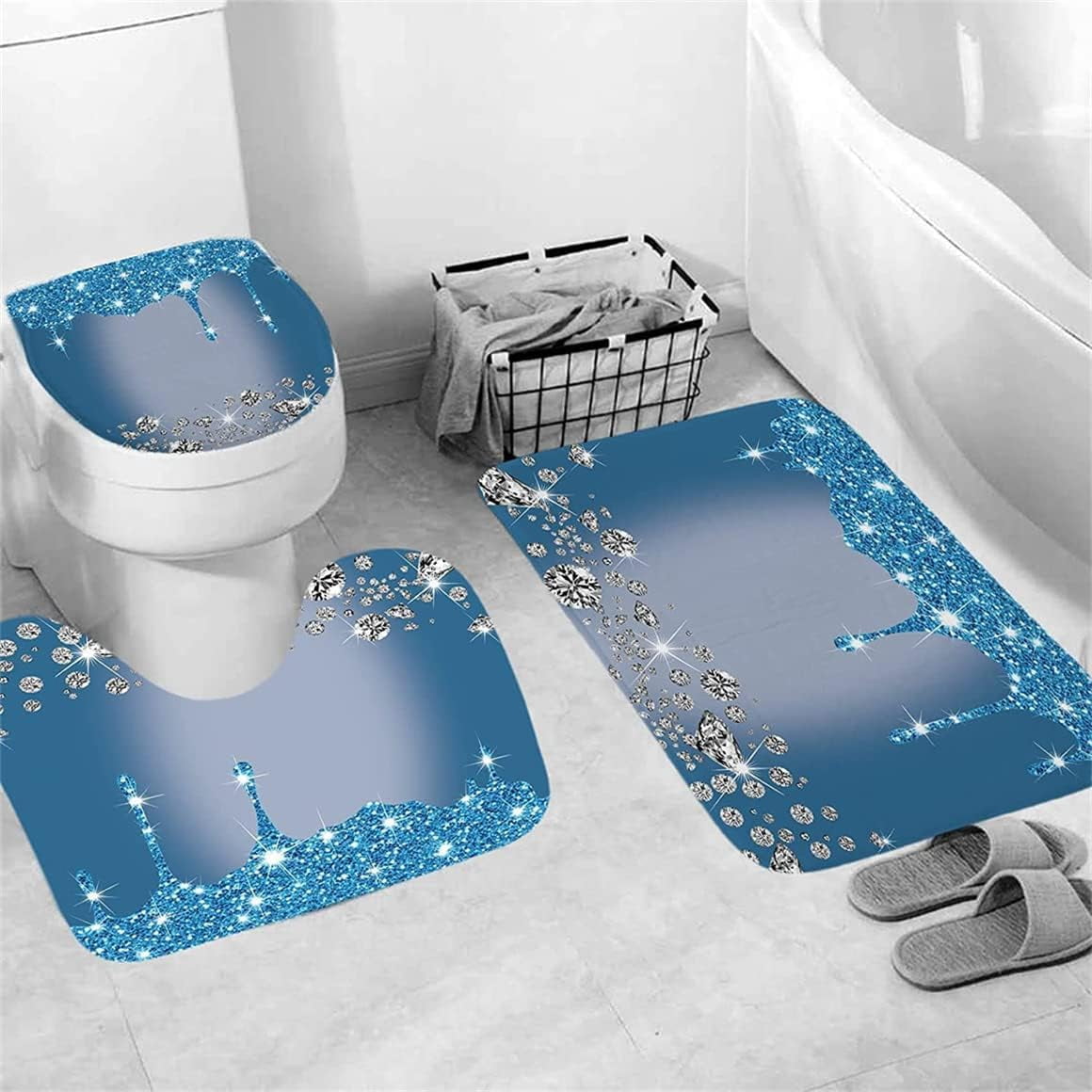 4PCS Bling Diamond Shower Curtain Set with Non-Slip Rugs Toilet Lid Cover and Bath Mat Shower Curtain with 12 Hooks Bathroom Sets with Shower Curtain and Rugs and Accessories