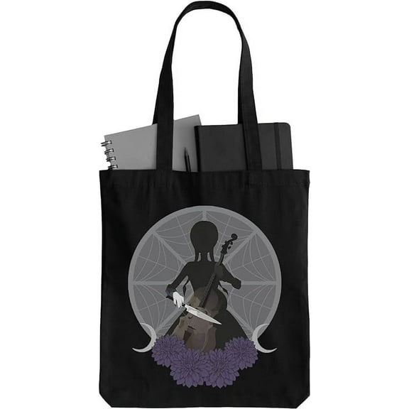 Wednesday Addams Playing Cello Black Canvas Tote Bag, Everyday Bag for Kids to Adults, Unisex, One Size
