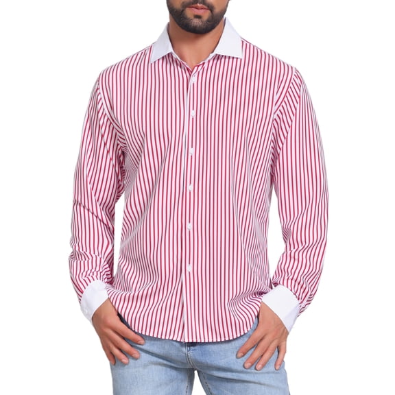 INSPIRE CHIC Men's Striped Button Down Long Sleeve Stretch Business Shirts S Red