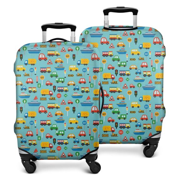 Cartoon Traffic Vehicles Boats Light Blue Pattern Luggage Cover Fashion Suitcase Cover Baggage Covers Fit 25-28 Inch Luggage (Go Travel)