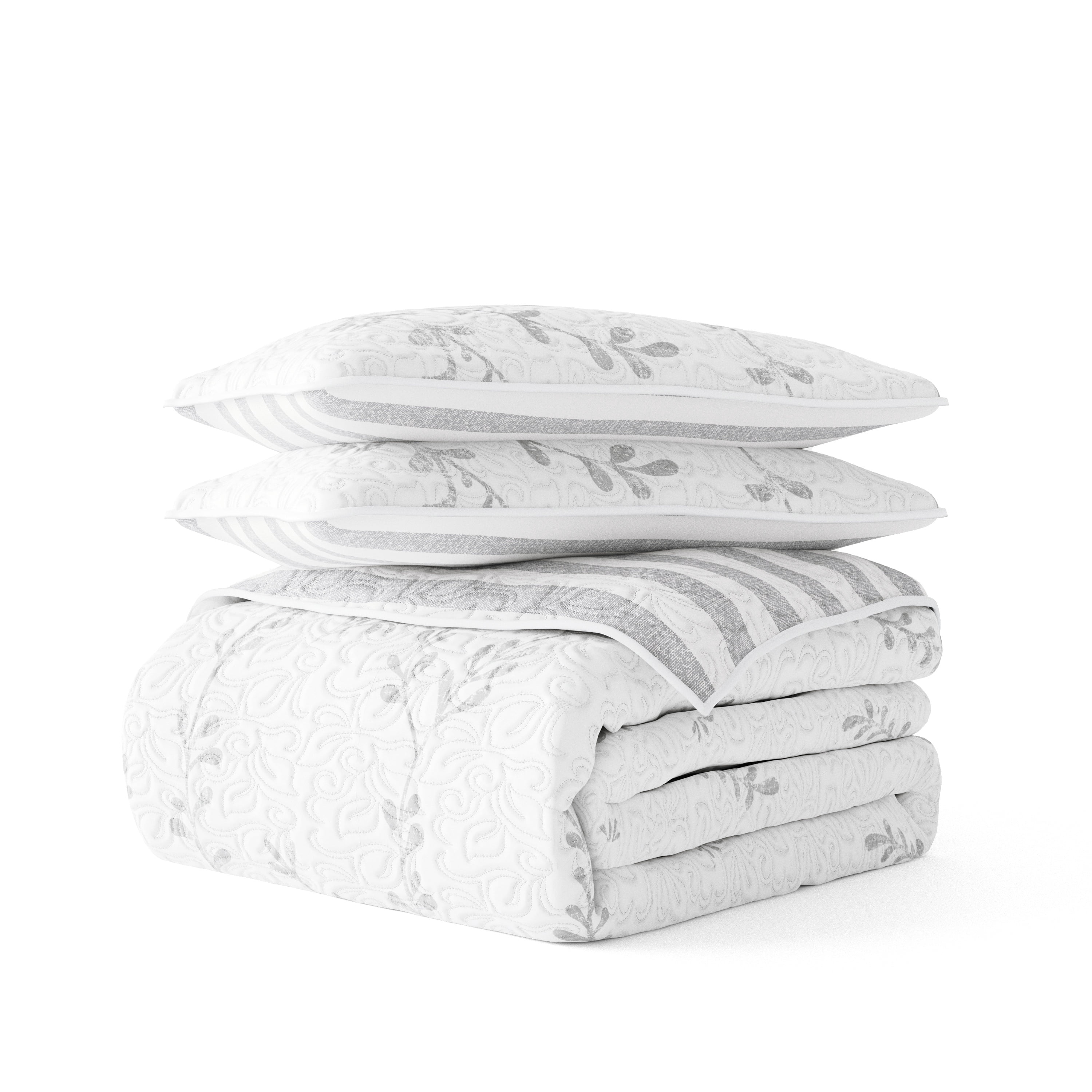 Noble Linens Light Gray 3 Piece Sprouting Vines Stripe Reversible Microfiber Quilt Set, Twin / Twin XL