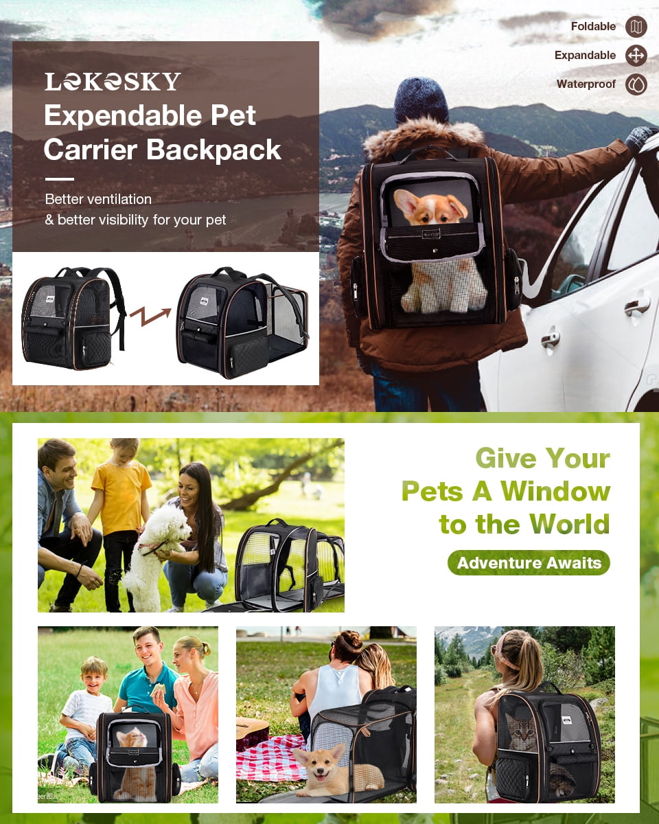 Lekesky - Expandable Cat Dog Backpack Carrier for Travel - Max Airflow, 4 Entrances, Folds Flat, Holds Pets Up to 18 Lbs, Safety Leash Included, Black